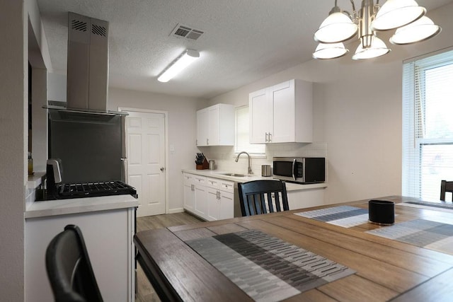 13911 W Richmond St, Needville, TX 77461 - kitchen featuring stainless steel microwave, light countertops, a sink, light wood-type flooring, and a textured ceiling