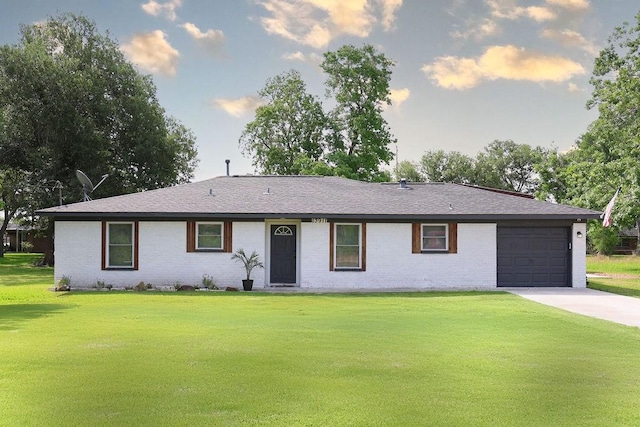 13911 W Richmond St, Needville, TX 77461 - ranch-style home with brick siding, a front yard, driveway, and an attached garage