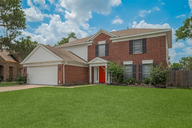 18206 Lake Bend Dr, Houston, TX 77084 - view of front facade featuring brick siding, a garage, concrete driveway, a chimney, and a shingled roof