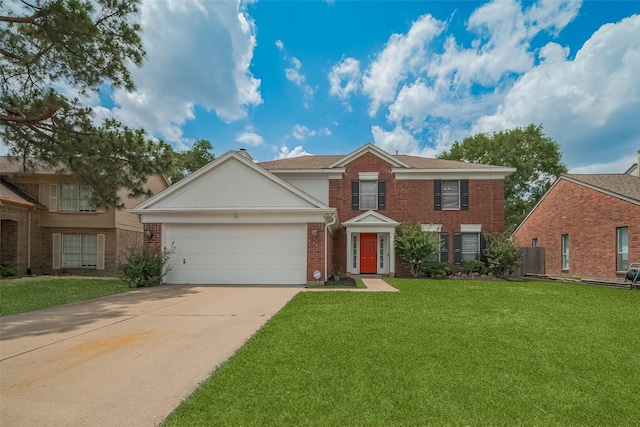 18206 Lake Bend Dr, Houston, TX 77084 - view of front facade with concrete driveway, a garage, a front yard, and brick siding