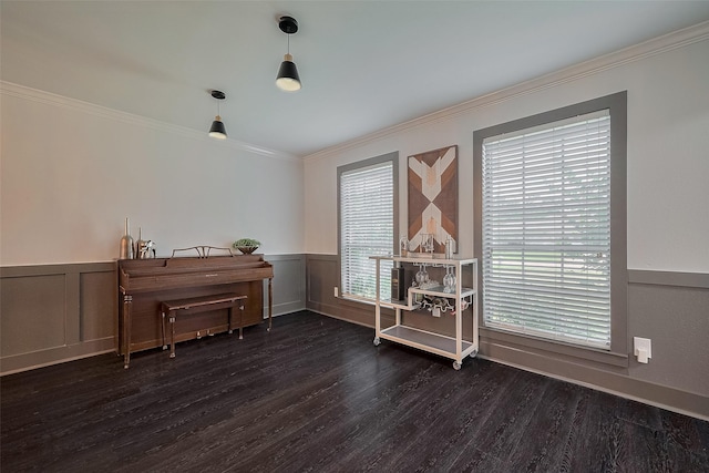 18206 Lake Bend Dr, Houston, TX 77084 - dining room with dark wood-type flooring, ornamental molding, and wainscoting