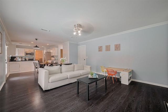 18206 Lake Bend Dr, Houston, TX 77084 - living room featuring dark wood-style flooring, baseboards, ornamental molding, and ceiling fan