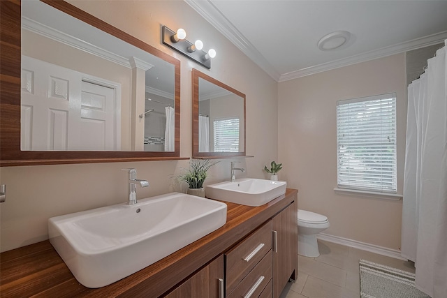18206 Lake Bend Dr, Houston, TX 77084 - full bath with ornamental molding, double vanity, toilet, tile patterned floors, and curtained shower
