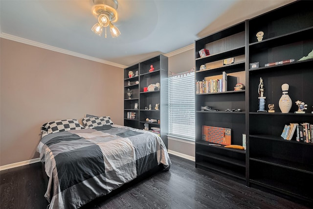 18206 Lake Bend Dr, Houston, TX 77084 - bedroom featuring baseboards, crown molding, and dark wood finished floors