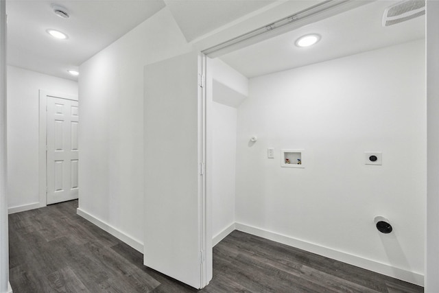 2310 Wavell St, Houston, TX 77088 - washroom featuring hookup for an electric dryer, hookup for a washing machine, baseboards, dark wood-type flooring, and recessed lighting