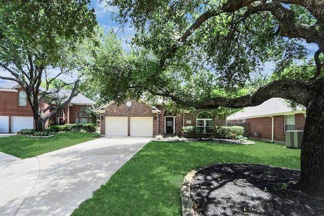 8910 Burleson Ct, Houston, TX 77064 - ranch-style home featuring an attached garage, a front lawn, central AC, driveway, and brick siding
