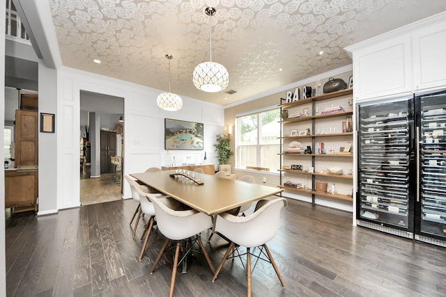 8910 Burleson Ct, Houston, TX 77064 - dining area with dark wood-style floors, a chandelier, ornamental molding, wine cooler, and an ornate ceiling