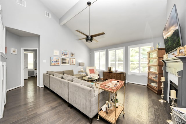 8910 Burleson Ct, Houston, TX 77064 - living room featuring a fireplace, dark wood-style floors, beamed ceiling, a ceiling fan, and high vaulted ceiling
