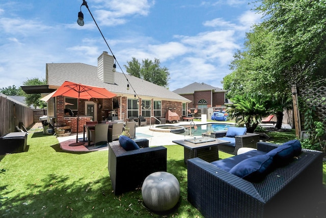 8910 Burleson Ct, Houston, TX 77064 - rear view of property with a patio, an outdoor living space with a fire pit, a pool with connected hot tub, a chimney, and brick siding