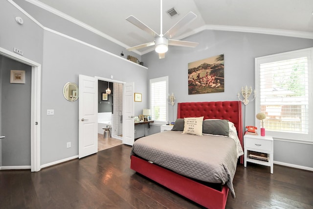 8910 Burleson Ct, Houston, TX 77064 - bedroom with wood finished floors, crown molding, baseboards, ceiling fan, and high vaulted ceiling
