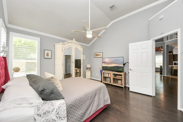 8910 Burleson Ct, Houston, TX 77064 - bedroom featuring lofted ceiling, crown molding, dark wood-style flooring, and baseboards