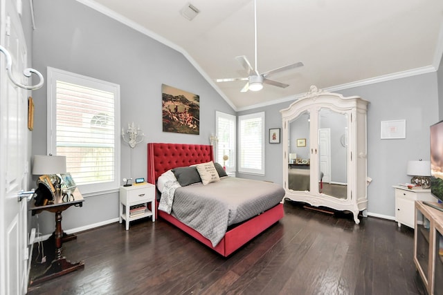 8910 Burleson Ct, Houston, TX 77064 - bedroom featuring crown molding, vaulted ceiling, wood finished floors, baseboards, and a ceiling fan