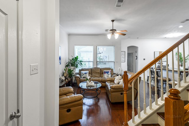 5306 Brookway Dr, Houston, TX 77084 - living room with hardwood / wood-style floors, arched walkways, ceiling fan, stairs, and recessed lighting