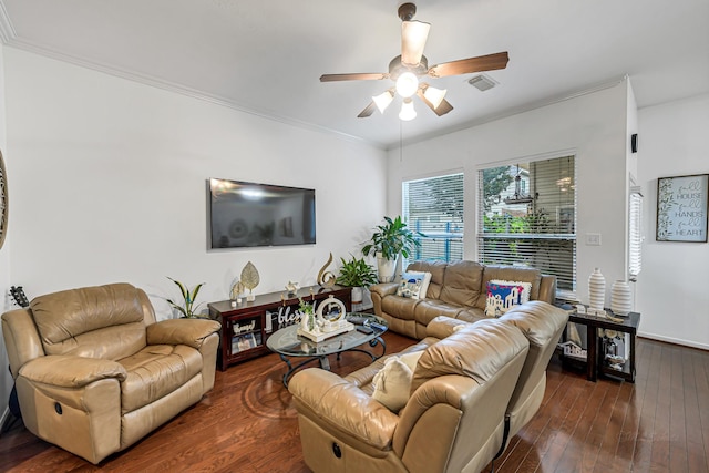 5306 Brookway Dr, Houston, TX 77084 - living room featuring ceiling fan, dark wood-type flooring, and crown molding