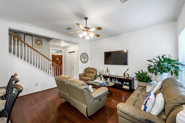5306 Brookway Dr, Houston, TX 77084 - living area featuring stairs, wood-type flooring, a ceiling fan, and ornamental molding