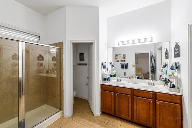5306 Brookway Dr, Houston, TX 77084 - bathroom featuring tile patterned floors, toilet, a shower stall, and double vanity