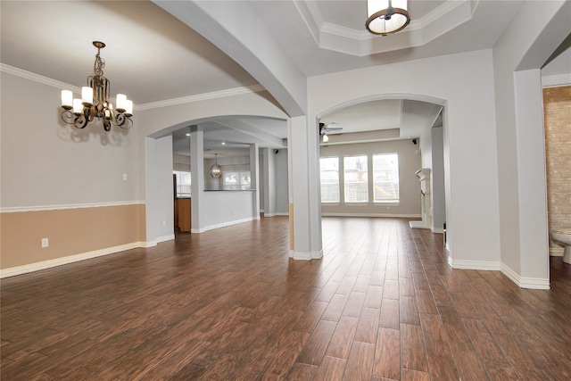 3014 Brahman Dr, Manvel, TX 77578 - unfurnished room with dark wood finished floors, a ceiling fan, baseboards, a chandelier, and ornamental molding