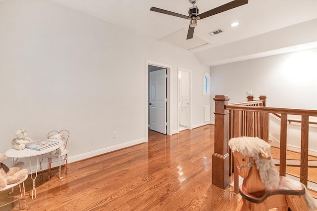 970 W 41st St, Houston, TX 77018 - living area with a ceiling fan, an upstairs landing, wood finished floors, baseboards, and recessed lighting