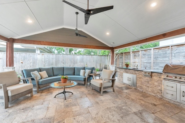 970 W 41st St, Houston, TX 77018 - fenced backyard featuring outdoor lounge area, a patio area, a ceiling fan, and a sink