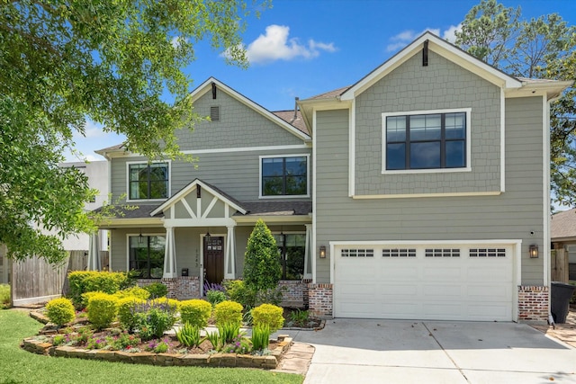 1243 Cheshire Ln, Houston, TX 77018 - craftsman inspired home featuring concrete driveway, a garage, a porch, and brick siding