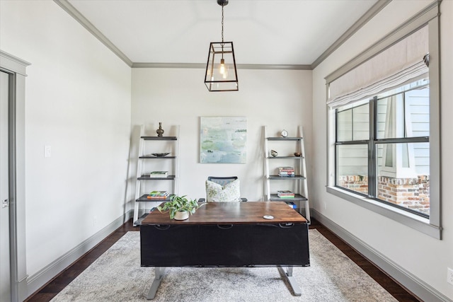 1243 Cheshire Ln, Houston, TX 77018 - home office featuring crown molding, dark wood-style floors, and baseboards
