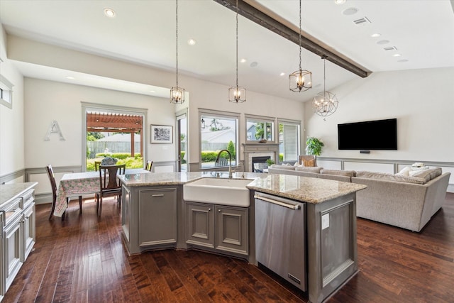 1243 Cheshire Ln, Houston, TX 77018 - kitchen featuring dishwasher, a sink, gray cabinets, a center island with sink, and dark wood-style floors