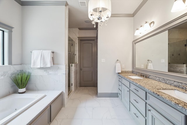 1243 Cheshire Ln, Houston, TX 77018 - full bathroom with marble look tiles, a shower stall, double vanity, a jetted tub, and ornamental molding