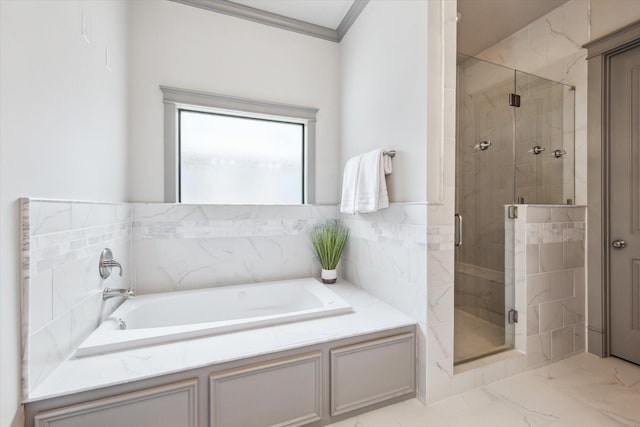 1243 Cheshire Ln, Houston, TX 77018 - full bath featuring a garden tub, a shower stall, ornamental molding, and marble look tile flooring