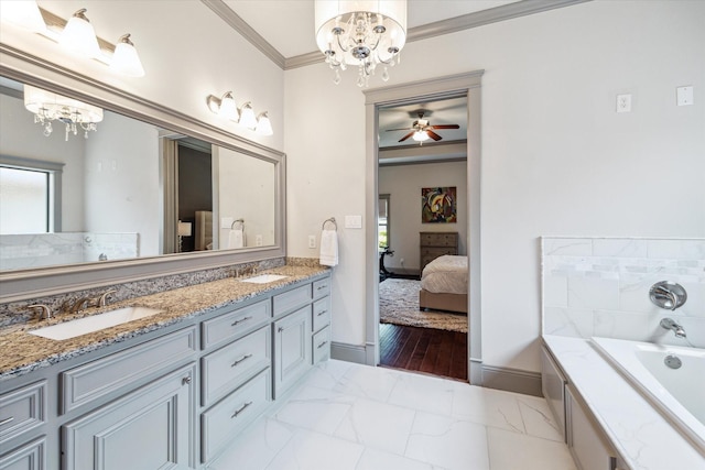 1243 Cheshire Ln, Houston, TX 77018 - ensuite bathroom featuring a chandelier, double vanity, marble finish flooring, ornamental molding, and a bath
