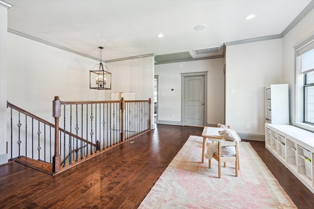 1243 Cheshire Ln, Houston, TX 77018 - corridor with crown molding, dark wood finished floors, a chandelier, an upstairs landing, and recessed lighting