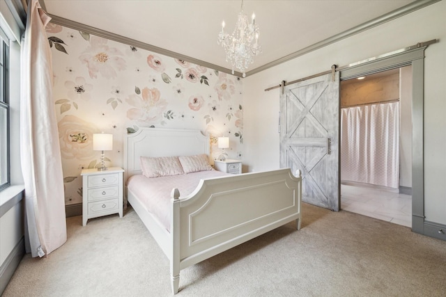 1243 Cheshire Ln, Houston, TX 77018 - bedroom with light colored carpet, a barn door, a chandelier, and wallpapered walls