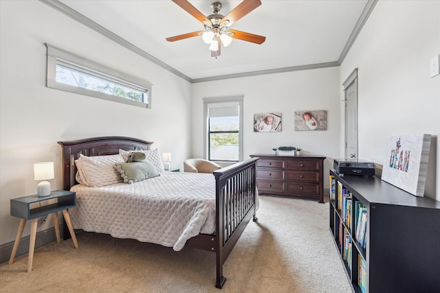 1243 Cheshire Ln, Houston, TX 77018 - bedroom with light colored carpet, crown molding, and a ceiling fan