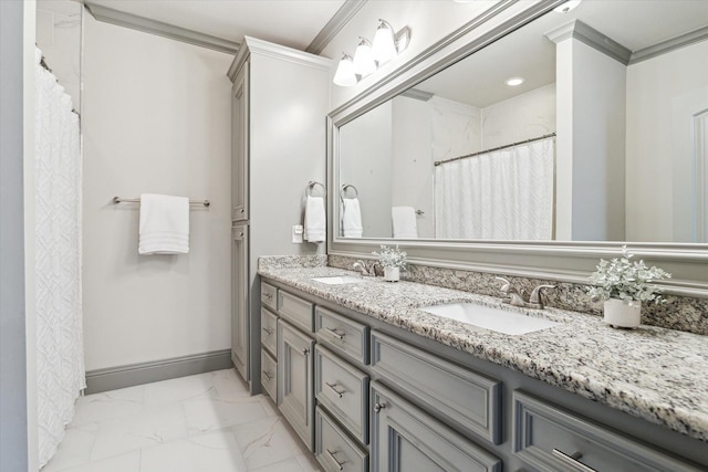 1243 Cheshire Ln, Houston, TX 77018 - full bath with double vanity, marble finish flooring, baseboards, crown molding, and a shower with curtain
