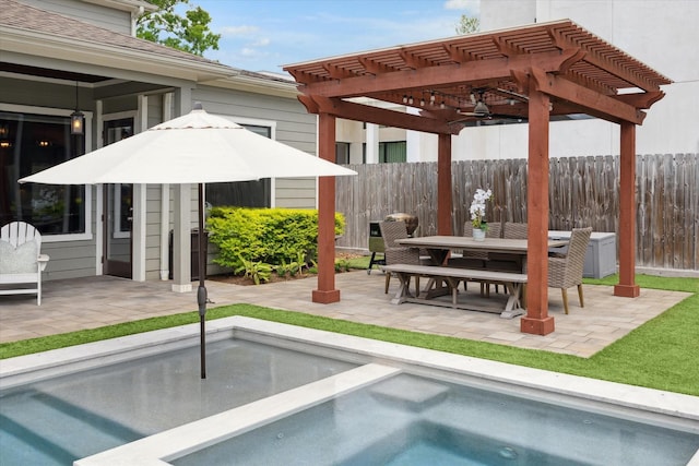 1243 Cheshire Ln, Houston, TX 77018 - view of pool with a pergola, a patio area, a jacuzzi, and outdoor dining space