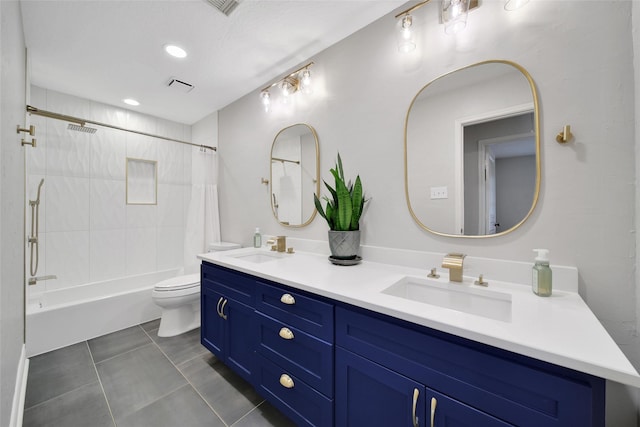 18 Heather Wisp Ct, Spring, TX 77381 - bathroom with double vanity, shower / bath combo with shower curtain, toilet, tile patterned floors, and recessed lighting