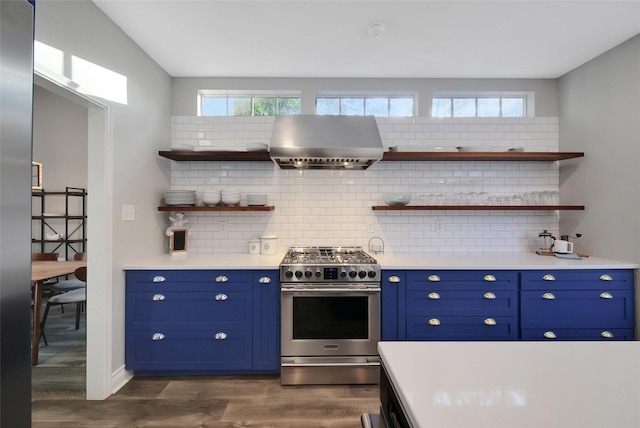 18 Heather Wisp Ct, Spring, TX 77381 - kitchen with stainless steel gas range oven, wall chimney exhaust hood, open shelves, and blue cabinets