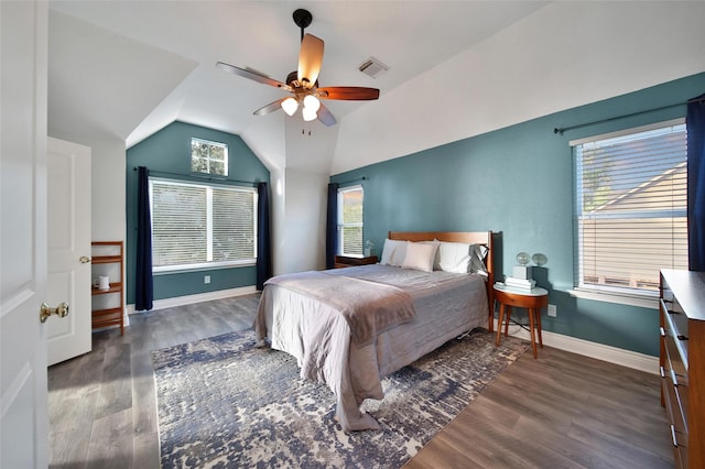 18 Heather Wisp Ct, Spring, TX 77381 - bedroom featuring wood finished floors, lofted ceiling, baseboards, and ceiling fan