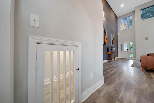 18 Heather Wisp Ct, Spring, TX 77381 - hallway with a towering ceiling, wood finished floors, healthy amount of natural light, and baseboards