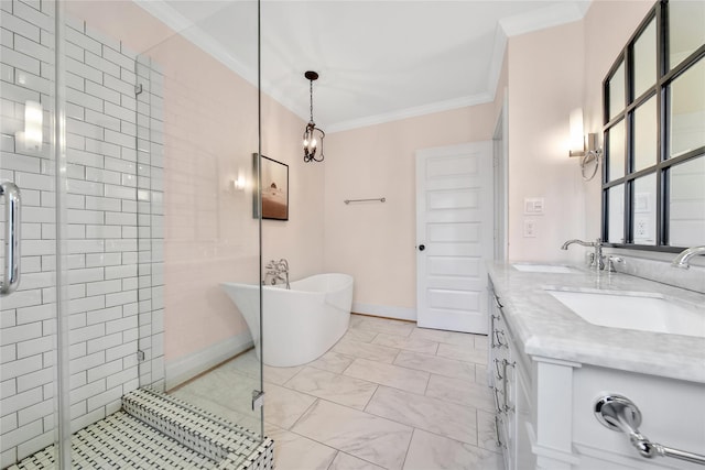 724 E 21st St, Houston, TX 77008 - bathroom with a shower stall, a freestanding bath, crown molding, double vanity, and marble look tile flooring