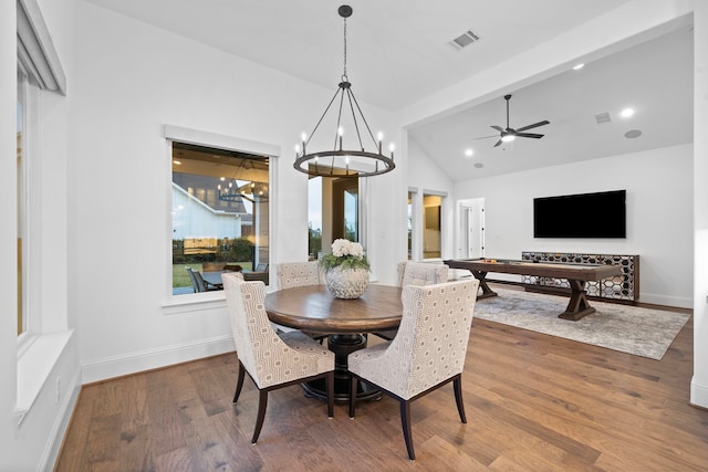 2105 Bennet Ct, Conroe, TX 77384 - dining space featuring vaulted ceiling, wood finished floors, a chandelier, recessed lighting, and baseboards