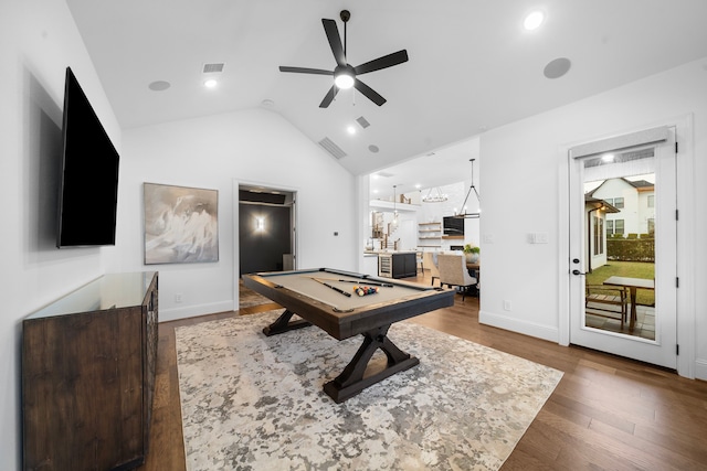 2105 Bennet Ct, Conroe, TX 77384 - game room with billiards, ceiling fan, vaulted ceiling, wood finished floors, and baseboards