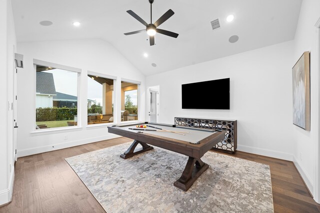 2105 Bennet Ct, Conroe, TX 77384 - rec room with billiards, vaulted ceiling, a ceiling fan, wood finished floors, and baseboards