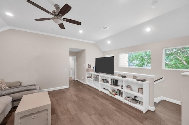 5014 Lillian St, Houston, TX 77007 - living room featuring wood finished floors, lofted ceiling, baseboards, ceiling fan, and recessed lighting