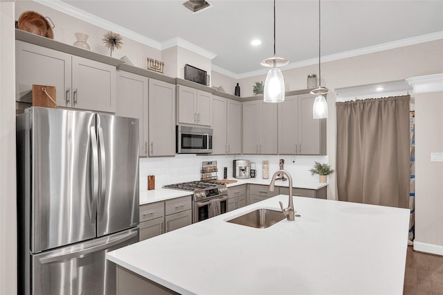 5014 Lillian St, Houston, TX 77007 - kitchen featuring stainless steel appliances, a sink, gray cabinetry, crown molding, and light countertops