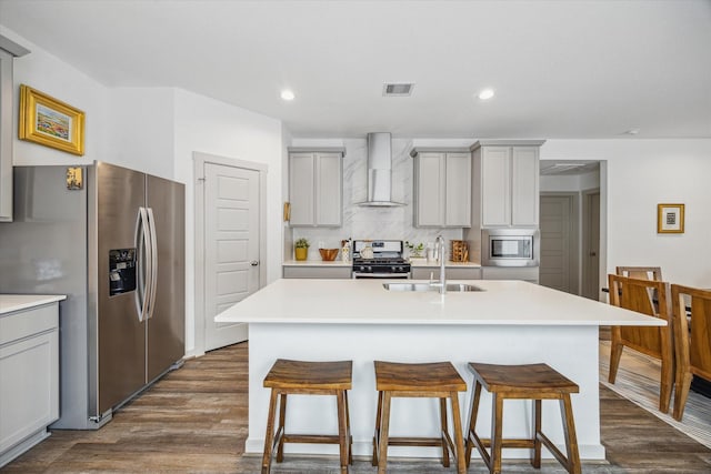 12717 Ermine St, Houston, TX 77047 - kitchen with wall chimney exhaust hood, appliances with stainless steel finishes, a sink, gray cabinetry, and dark wood finished floors
