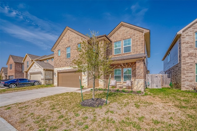 21450 Petherton Dr, Tomball, TX 77375 - view of front of house featuring brick siding, an attached garage, concrete driveway, and a porch