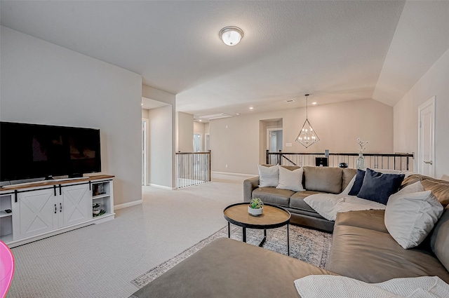 21450 Petherton Dr, Tomball, TX 77375 - living room featuring carpet, baseboards, lofted ceiling, and recessed lighting