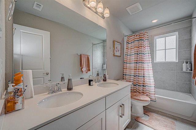 21450 Petherton Dr, Tomball, TX 77375 - full bath with toilet, double vanity, shower / tub combo with curtain, and tile patterned floors