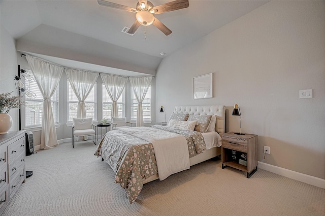 21450 Petherton Dr, Tomball, TX 77375 - bedroom with baseboards, light colored carpet, vaulted ceiling, and ceiling fan