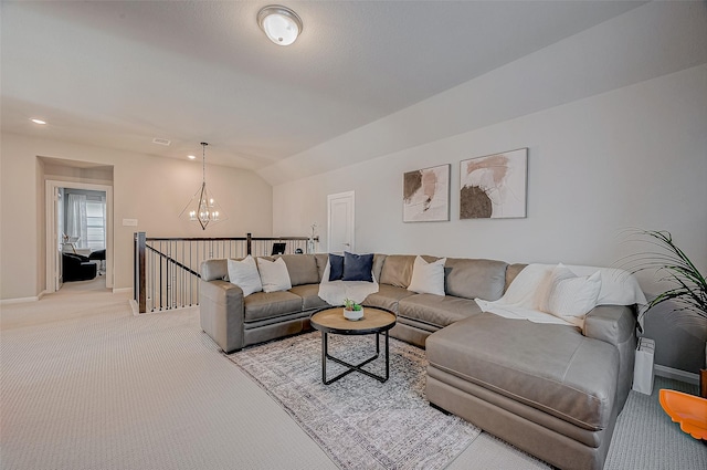 21450 Petherton Dr, Tomball, TX 77375 - living room featuring a chandelier, light colored carpet, baseboards, and vaulted ceiling
